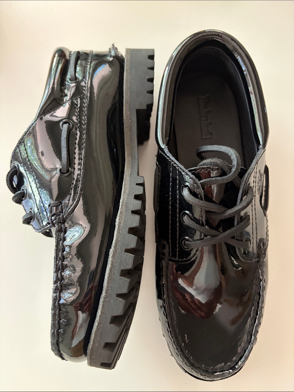 Timberland Noreen 3 Eye Boat Shoes Black Patent Leather Lug-Soled